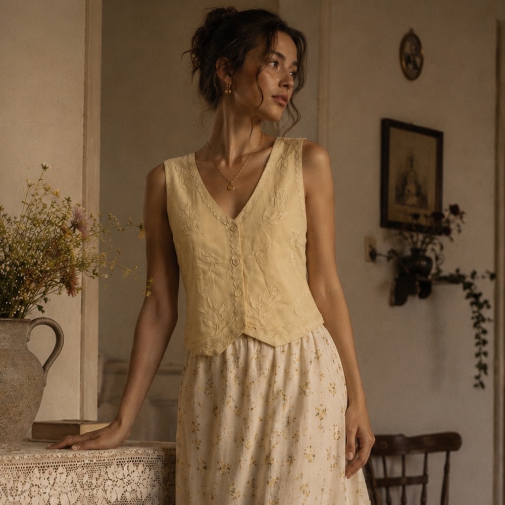 Vintage Asaro Petite Collection Embroidered Floral Butter Yellow Vest - S